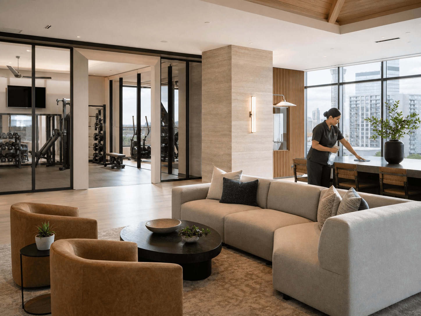 Illustrative cleaner maintaining a commercial amenity space