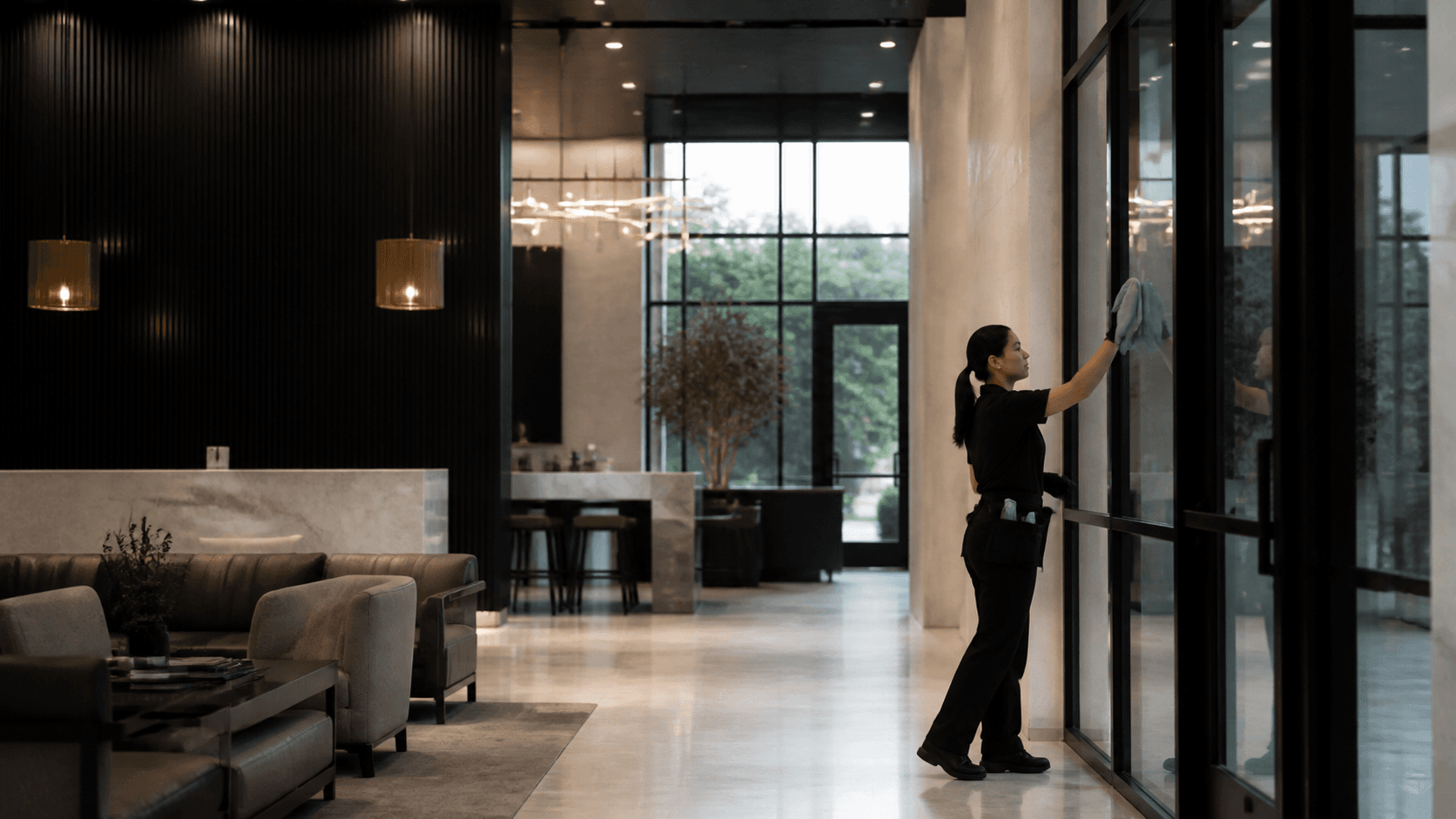 Illustrative cleaner maintaining a bright commercial lobby