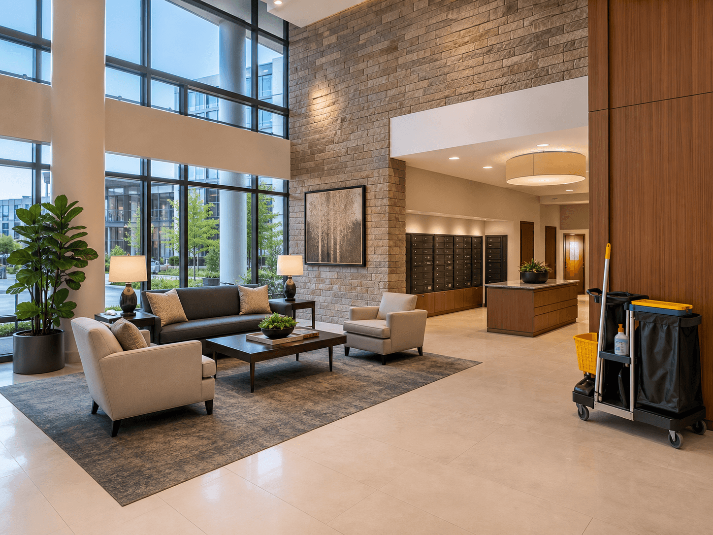 Illustrative spotless condominium common-area lobby with a cleaning cart