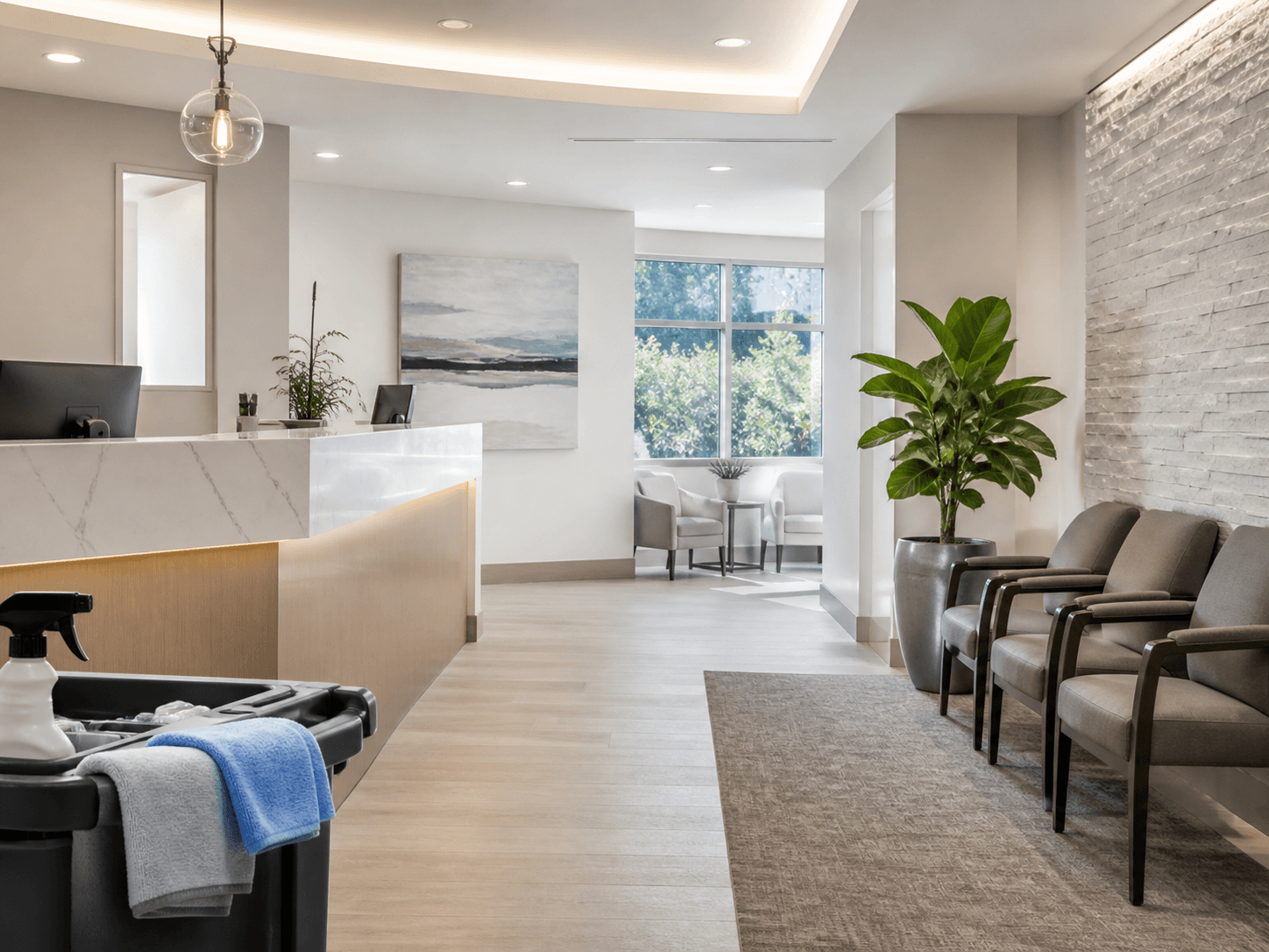 Illustrative polished retail and hospitality interior with reflective floors