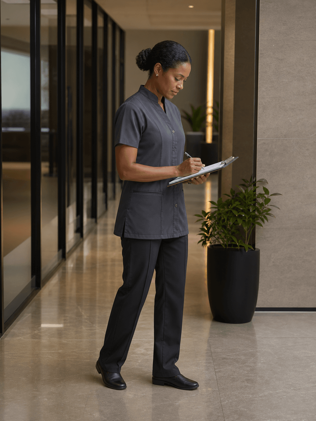 Illustrative commercial cleaning supervisor reviewing an inspection checklist